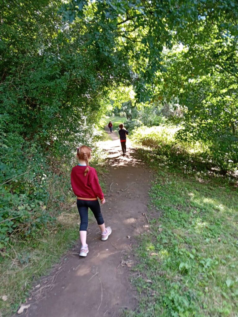 Footpath into the woods at Flass Vale Durham with children walking down it.