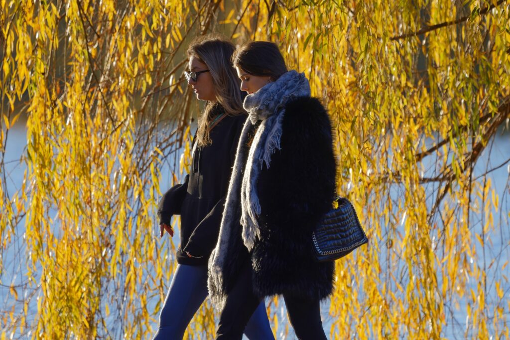Two women walking, tree behind